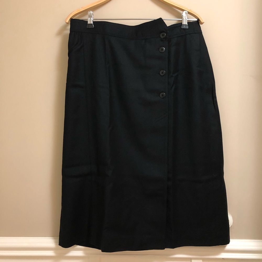 ESCADA black wool pencil skirt Sz 42 asymmetrical button front Preppy Librarian